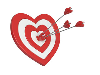 Heart shaped target with the arrows in the center isolated on white background 3d rendering