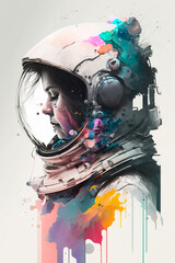 Modern Illustration with an astronaut in a spacesuit on a background of colored paint in pastel shades. Generative ai
