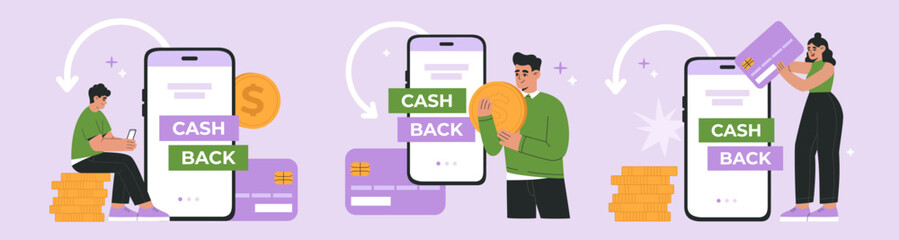 Set of young peoples receives cashback from online payment. Concept of Internet transaction, refund and saving money. Hand drawn vector illustration isolated on purple background, flat cartoon style