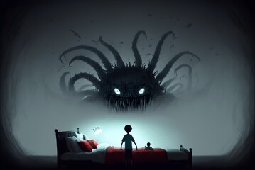 nightmare concept showing a boy on bed facing giant monster in the dark land, digital art style, illustration painting, Generative AI - obrazy, fototapety, plakaty