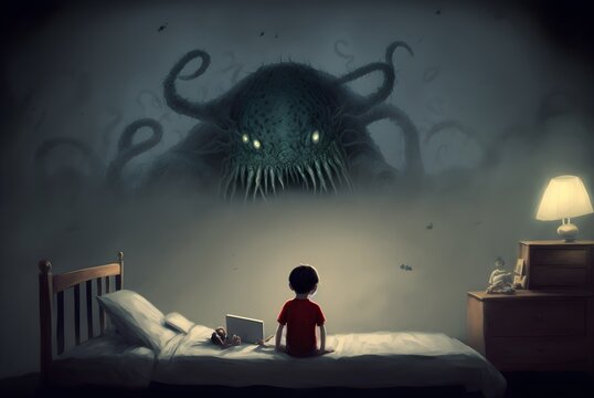 nightmare concept showing a boy on bed facing giant monster in the dark land, digital art style, illustration painting, Generative AI