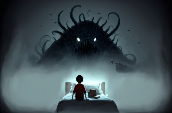 nightmare concept showing a boy on bed facing giant monster in the dark land, digital art style, illustration painting, Generative AI