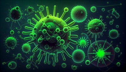 Green illustration of viruses, bacteria and microorganism cells. Generative AI, Generative, AI
