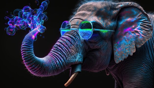 Un éléphant portant des lunettes de soleil réfléchissantes avec des tourbillons de rose néon ultraviolet.
