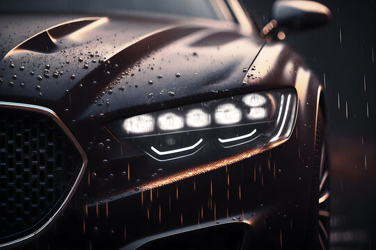 Close up of a unbranded generic luxury car under rain, generative ai illustration