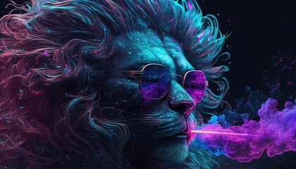 Un lion portant des lunettes de soleil réfléchissantes avec des tourbillons de rose néon ultraviolet