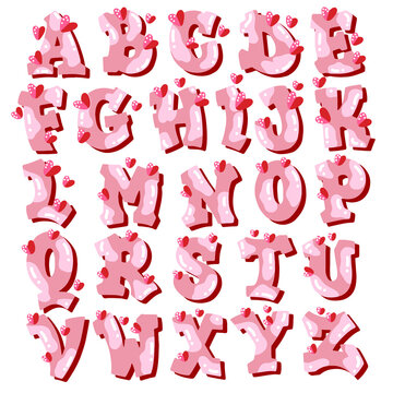 Candy pink glossy font design. Pastel pink and paper heart decor letters ABC. Sweets for girls.