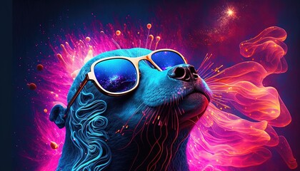 Un lion de mer portant des lunettes de soleil réfléchissantes avec des tourbillons de rose fluo ultraviolet.