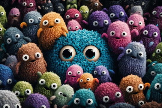 Many colorful cute alien monsters trapped and smushed together, scared monsters in a group collage. Generative AI illustration	
