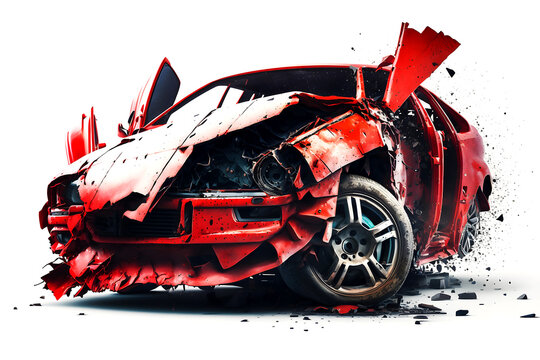 Red car accident isolated on a white background, generative ai illustration