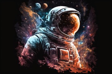 Obraz na płótnie Canvas Un astronaute futuriste dans l'espace avec de la fumée de galaxie et des couleurs vibrantes. Super comme du papier peint.