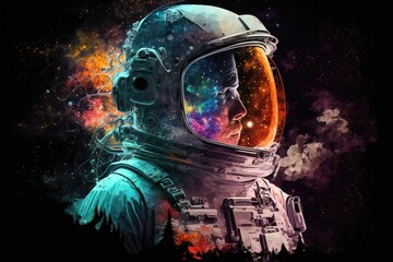 Fototapeta premium Un astronaute futuriste dans l'espace avec de la fumée de galaxie et des couleurs vibrantes. Super comme du papier peint.