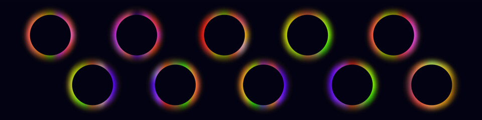 Eclipse of the planet, moon or sun. Rainbow shadow around blinding flash. Natural phenomena, the phase of the eclipse of the planet in space, iridescent shine, bright glow, planet halo. Vector. 