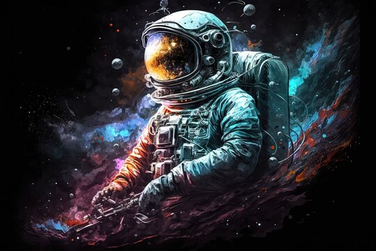 Un astronaute futuriste dans l'espace avec de la fumée de galaxie et des couleurs vibrantes. Super comme du papier peint.