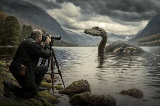 Tourist photographing the Loch Ness Monster. Nessie swims in the lake.
