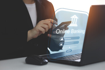 Online banking, and financial management networks online. Human hand using online banking application on mobile. Concept of online payment with encrypted security to access transaction data
