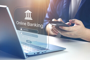 Online banking, and financial management networks online. Human hand using online banking application on mobile. Concept of online payment with encrypted security to access transaction data