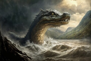 Loch Ness monster close-up portrait. Nessie swims in the lake. - obrazy, fototapety, plakaty