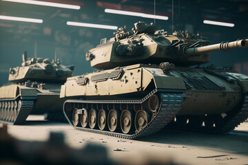 Fototapeta na wymiar Military Factory weapon Battle tanks. Created with generative technology.