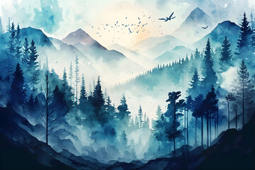 A blue mountain painting, a beautiful landscape hand painting 