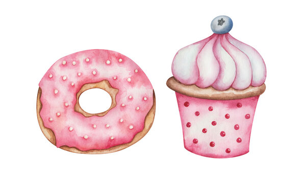 Watercolor illustration. Hand painted donut with pink icing and sprinkles. Pink cupcake with meringue and blueberry. Muffin with cream in cup. Dessert doughnut. Isolated clip art cafe menus, prints