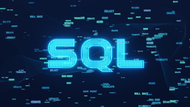 SQL word and SQL statements (Structured Query Language) code on a blue background. 3D illustration.