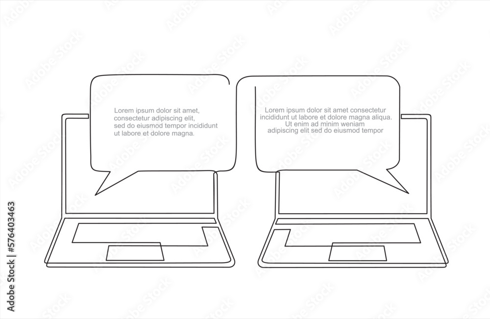 Aufkleber social network. continuous one line drawing of laptops with speech bubbles.