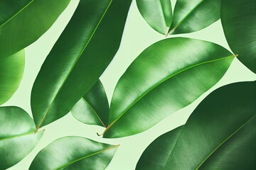 Naklejka na ściany i meble closeup tropical green leaf background. Flat lay, fresh wallpaper banner concept. Generative AI