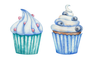 Watercolor illustration. Hand painted blue and green cupcakes with meringue, blueberries, sprinkle sugar beads. Baked muffins with blue cream. Sweet food dessert. Isolated clip art for cafe menu