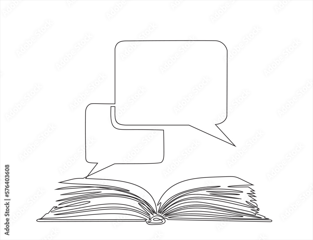 Poster continuous one line drawing open book with bubble for text. vector illustration on white background.