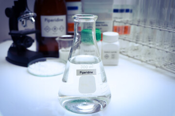 Piperidine in glass, chemical in the laboratory and industry