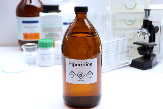 Piperidine in glass, chemical in the laboratory and industry