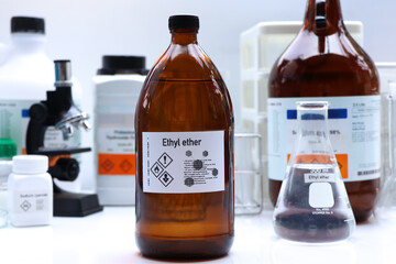 Ethyl ether in glass, chemical in the laboratory and industry