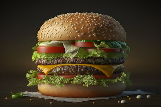 Delicious hamburger, with cheese, beef, tomato, salad. Made with Generative AI
