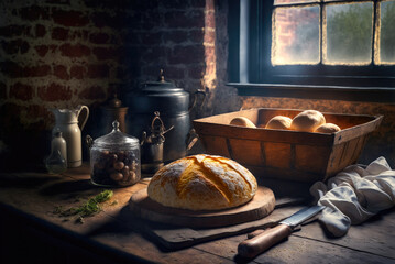 A tasty home baked loaf of bread on a wooden countertop in a rustic kitchen. Created with Generative AI.