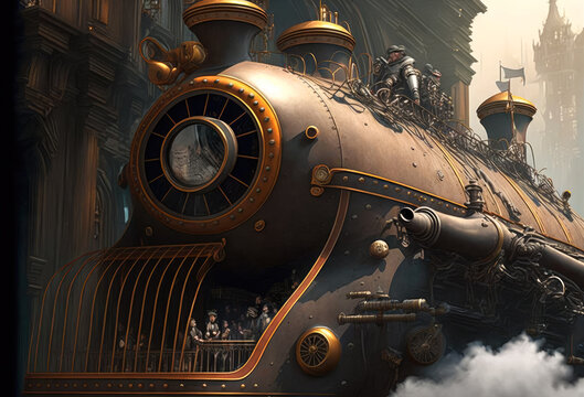 A huge steampunk style steam locomotive. Created with Generative AI.