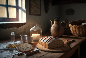 A freshly loaf of bread on a wooden table with meal in a rural kitchen. Created with Generative AI.