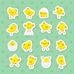 Cute Easter chickens sticker pack. Printable vector illustration