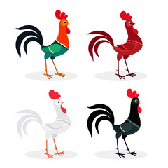 Colorful roosters set. Vector illustration isolated on white background