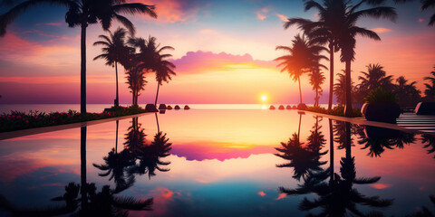 Obraz na płótnie Canvas Outdoor luxury sunset over infinity pool swimming Generative AI
