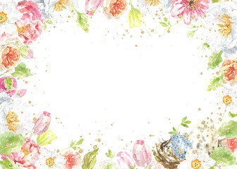 Watercolor Easter flower frame illustration. Botanical spring floral drop, gold glitter banner,border, peony,rose, cute Easter bunny animal clipart, baby shower, happy birthday invite,border, banner