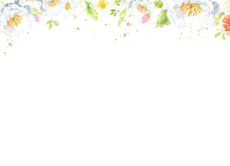 Watercolor Easter flower frame illustration. Botanical spring floral drop, gold glitter banner,border, peony,rose, cute Easter bunny animal clipart, baby shower, happy birthday invite,border, banner