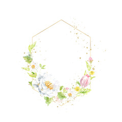 Fototapeta na wymiar Watercolor Easter gold polygonal geometry frame illustration. Botanical spring floral frame, gold glitter wreath, chaplet, peony,rose, cute Easter bunny animal clipart, baby shower, happy birthday