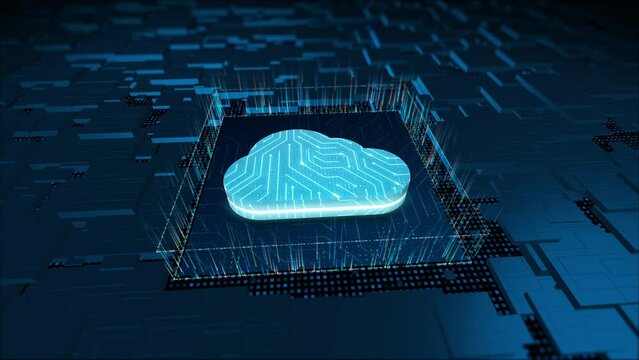 Motion graphic of 3D blue cloud computing logo and particles with circuit board and 3d abstract background concept of big data backup concept and data storage technology on cloud system