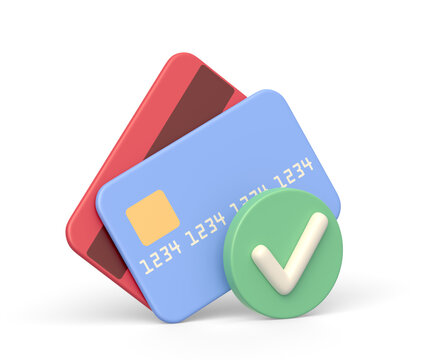 Realistic 3d icon of two credit or debit cards and tick sign
