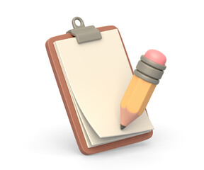 Realistic 3d icon of clipboard notepad with blank page and pencil