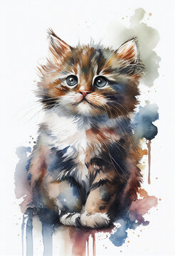 Beautiful Cat with Water Color Style Illustration created with Generative AI Technology