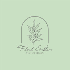 Set of vector feminine floral emblem.Elegant logo design with linear branch and frame.Modern botanical badge in trendy minimalist style.Branding design template.