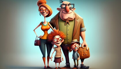 A family in 3D Cartoon style. Colorful and funny.
