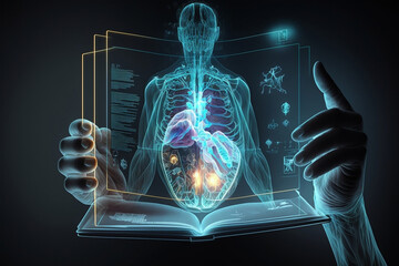 Future of Diagnosis: Doctor's Hands Holding Digital Screen with Human Hologram, Generative AI